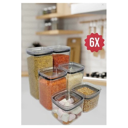 6'lı Contalı Hava Almaz Kapaklı Erzak Saklama Kabı - Şeffaf Baharatlık Bakliyat Kabı 700-1400-2100ml