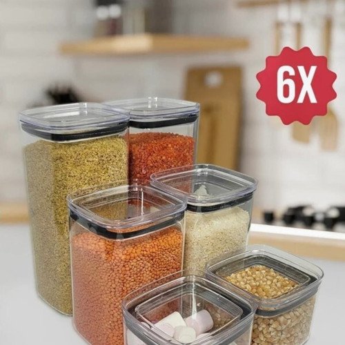 6'lı Contalı Hava Almaz Kapaklı Erzak Saklama Kabı - Şeffaf Baharatlık Bakliyat Kabı 700-1400-2100ml