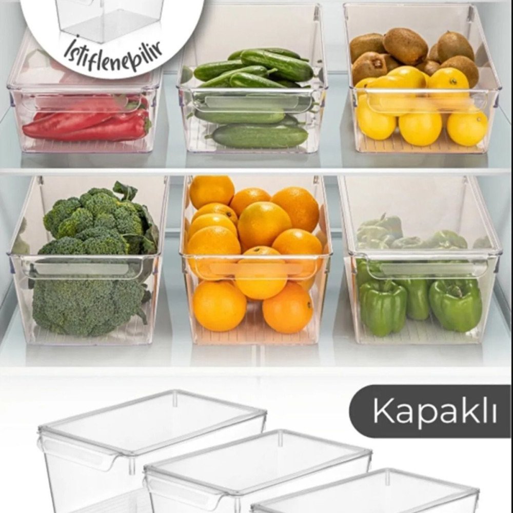 3 Adet Kapaklı Büyük Boy Dolap İçi Organizer - Şeffaf Buzdolabı İçi Sebze Meyve Düzenleyici Kutu
